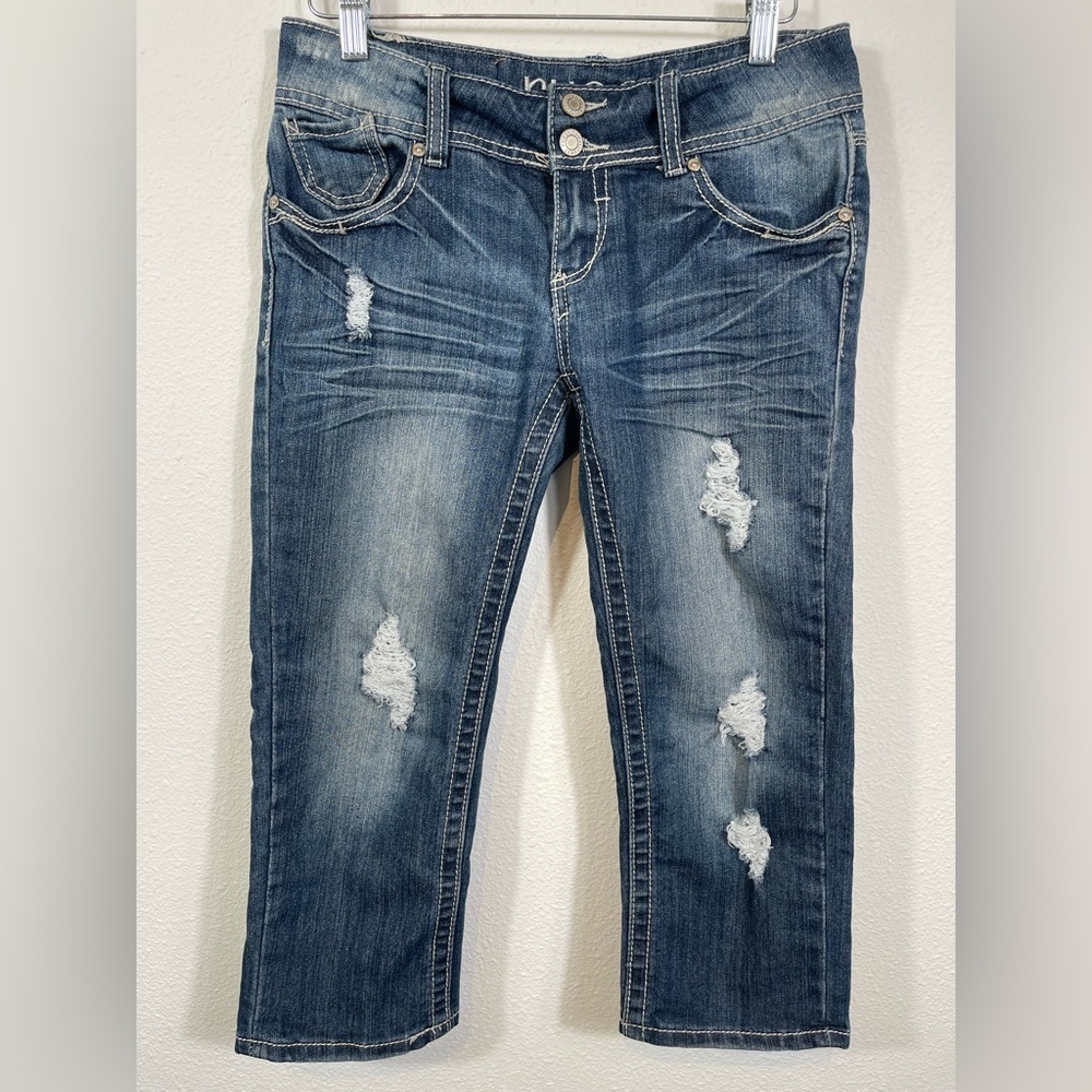 Rue 21 RIP Distressed Womens Capri Blue Jean Pants 3/4 Beach Summer Wear Stretch